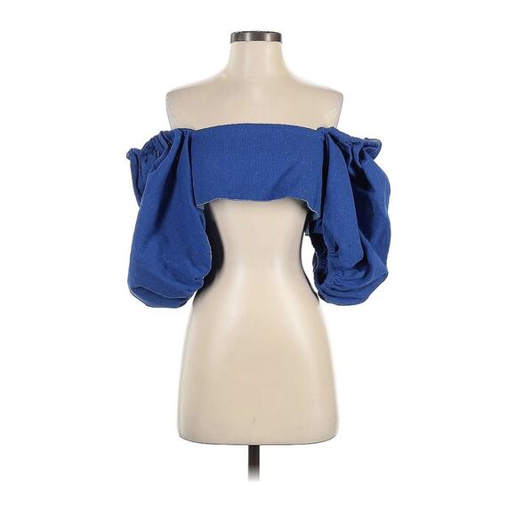 ALUF Blue Cotton Blend Off The Shoulder Puff Sleeve Crop Top Blue EU 36 US 4 - Picture 1 of 4